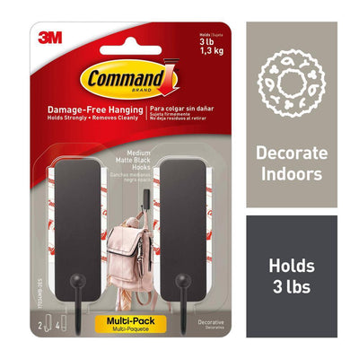 Medium Black Matte Hooks (2-Hooks and 4-Adhesive Strips) - Super Arbor