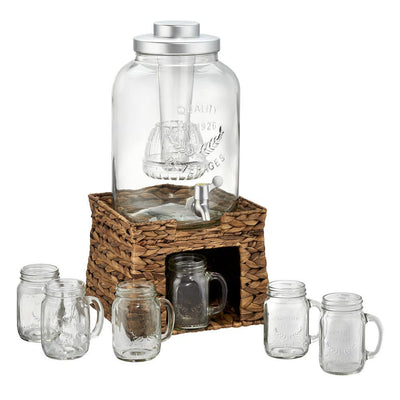 Garden Terrace 3 Gal. Glass Bev Dispenser with Chiller/Infuser, Water Hyacinth Stand, and 6-Glass Mason Jar Mugs 15 oz. - Super Arbor