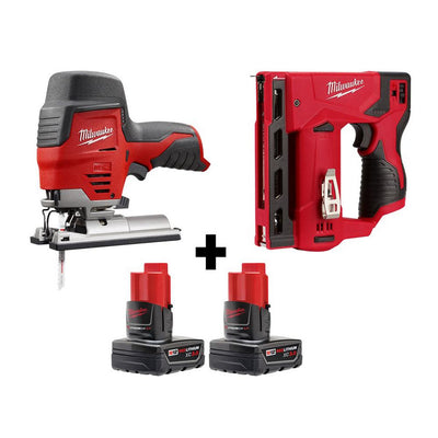M12 12-Volt Lithium-Ion Cordless Jig Saw and Crown Stapler with two 3.0 Ah Batteries - Super Arbor