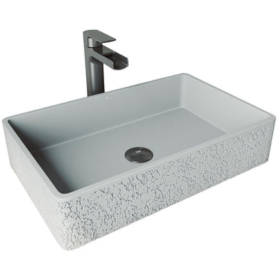 Cast Stone Dahlia Concrete Rectangular Vessel Bathroom Sink in Ash Gray with Faucet and Pop-Up Drain in Graphite Black - Super Arbor