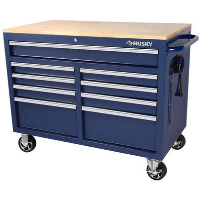 46 in. W 9-Drawer, Deep Tool Chest Mobile Workbench in Gloss Blue with Hardwood Top