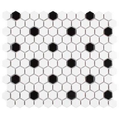 Merola Tile     Madison Hex Matte 11-7/8 in. x 10-1/4 in. x 6mm Cool White with Black Dot Porcelain Mosaic Tile