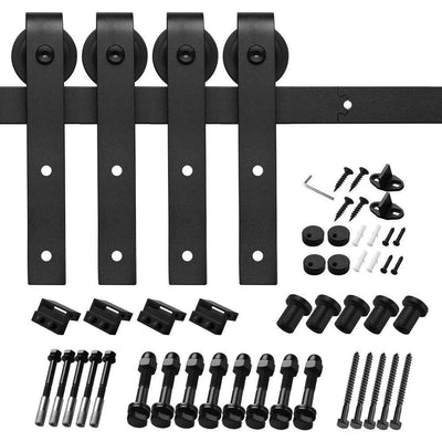 8 ft./96 in. Black Steel Sliding Barn Door Track and Hardware Kit for Double Doors with Floor Guides (J-Shape Hanger) - Super Arbor