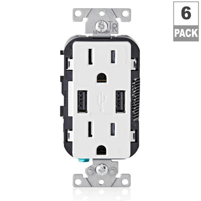 15 Amp Decora Combination Tamper Resistant Duplex Outlet and USB Charger, White (6-Pack) - Super Arbor