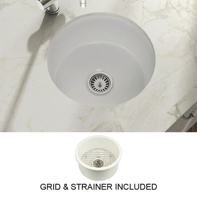 Yorkshire Bar Undermount Fireclay 18.5 in. Round Single Bowl Kitchen Sink with Grid and Strainer in White - Super Arbor