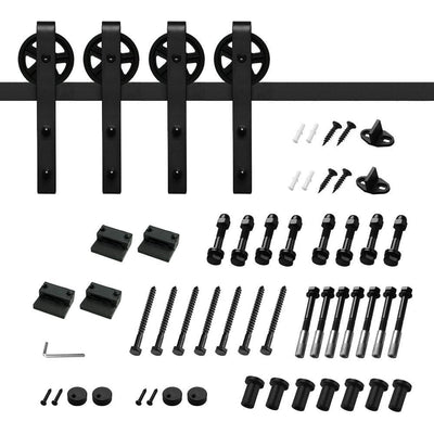 12 ft./144 in. Black Steel Sliding Barn Door Track and Hardware Kit for Double Doors with Floor Guide Bigwheel J Shape) - Super Arbor