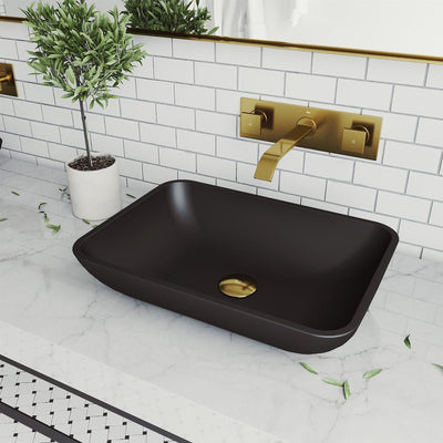 Sottile Glass Vessel Bathroom Sink in Black with Titus Faucet in Matte Gold - Super Arbor