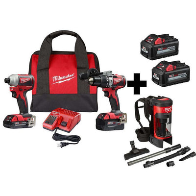 M18 18-Volt Lithium-Ion Brushless Cordless Hammer Drill/Impact/Backpack Vacuum Combo Kit (3-Tool) with 4-Batteries - Super Arbor