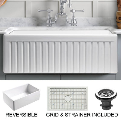 Sutton Place Farmhouse Fireclay 27 in. Single Bowl Kitchen Sink with Grid with Grid and Strainer - Super Arbor