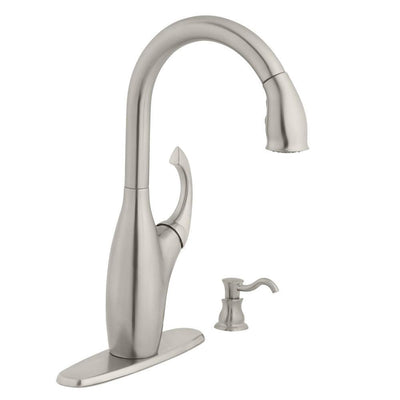 Contemporary Single-Handle Pull-Down Sprayer Kitchen Faucet with Soap Dispenser in Stainless Steel - Super Arbor