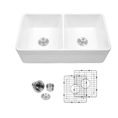 Napa White Fireclay 33 in. 50/50 Double Bowl Farmhouse Apron Front Kitchen Sink with Grids and Strainers - Super Arbor