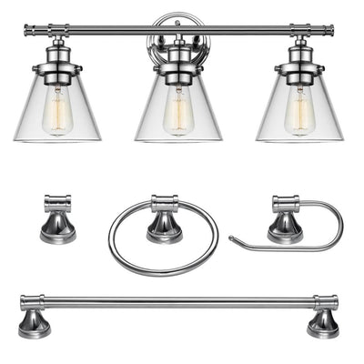 Parker 3-Light Chrome Vanity Light With Clear Glass Shades and Bath Set (5-Piece) - Super Arbor
