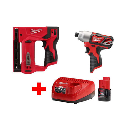 M12 12-Volt Lithium-Ion Cordless 1/4 in. Hex Impact and 3/8 in. Crown Stapler Combo Kit W/ (1) 2.0Ah Battery and Charger - Super Arbor