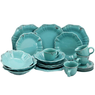 Fleur De Lys 20-Piece Traditional Turquoise Stoneware Dinnerware Set (Service for 4) - Super Arbor