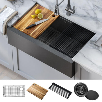 Gunmetal 32.88 in. Stainless Steel 16-Gauge PVD Single Bowl Farmhouse Apron Workstation Kitchen Sink with Accessories - Super Arbor