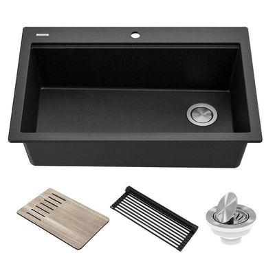 Bellucci Metallic Black Granite Composite 33 in. Single Bowl Drop-In Workstation Kitchen Sink with Accessories - Super Arbor