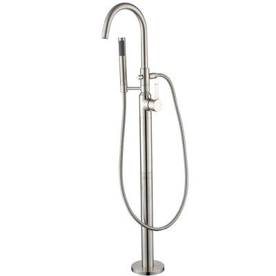 Modern Freestanding Single-Handle Floor-Mount Roman Tub Faucet Filler with Hand Shower in Brushed Nickel - Super Arbor