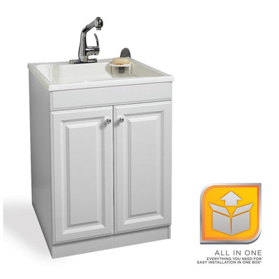 All-in-One 24 in. x 24.2 in. Plastic Laundry Sink and Wood Cabinet in White, with Non-Metallic Pull-Out Faucet in Chrome - Super Arbor
