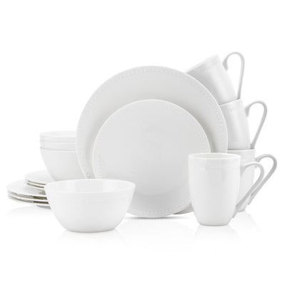 Stone Lain 32 Piece Dinnerware Set, Round Dot Design, White Bone China Sets - Super Arbor