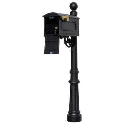 Lewiston Black Post Mount Locking Insert Mailbox with Decorative Fluted Base and Ball Finial - Super Arbor