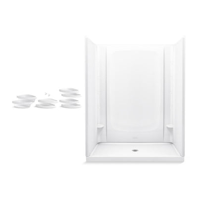 STORE+ 60 in. x 34 in. Single Threshold Center Drain Shower Base with Shower Walls and 10-Piece Accessory Kit in White - Super Arbor