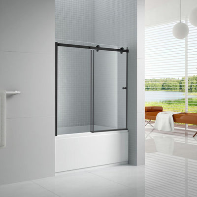 Primo 60 in. x 57.50 in. Frameless Sliding Bathtub Door in Black Without Handle - Super Arbor