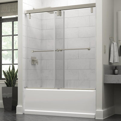 Crestfield 60 in. x 59-1/4 in. Mod Semi-Frameless Sliding Bathtub Door in Nickel and 3/8 in. (10mm) Clear Glass - Super Arbor