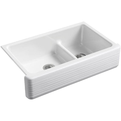 Whitehaven Undermount Farmhouse Apron Front Cast Iron 36 in. Double Bowl Smart Divide Kitchen Sink White Hayridge Design - Super Arbor