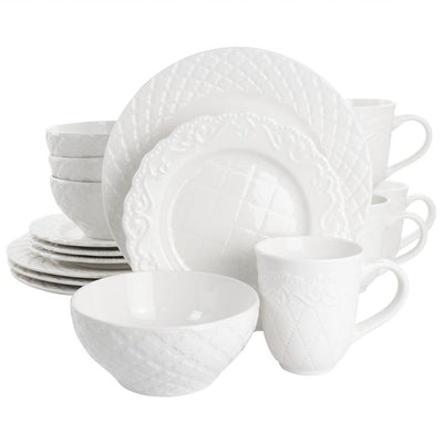 Quilted Eyelet 16 Piece Round Fine Ceramic Dinnerware Set in White - Super Arbor