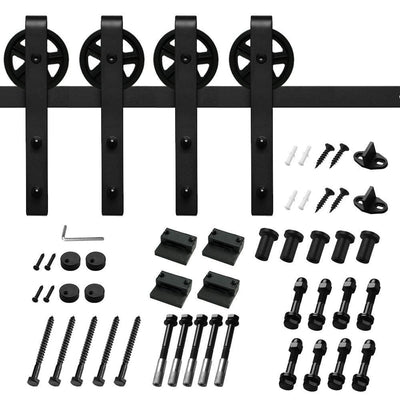 8 ft./96 in. Black Steel Sliding Barn Door Track and Hardware Kit for Double Doors with Floor GuideBigwheel J Shape) - Super Arbor