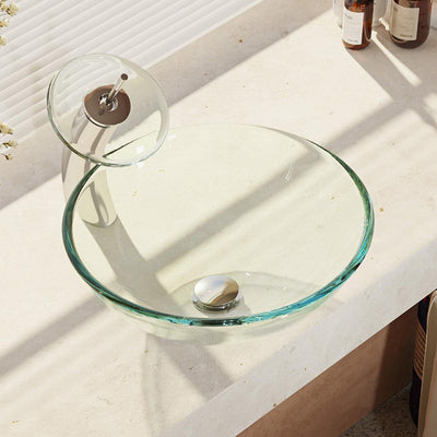 Glass Vessel Sink in Crystal with Waterfall Faucet and Pop-Up Drain in Chrome - Super Arbor