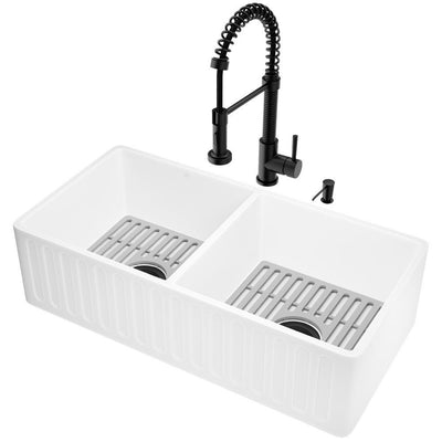 Matte Stone White Composite 36 in. Double Bowl Slotted Farmhouse Kitchen Sink with Faucet in Black and Accessories - Super Arbor