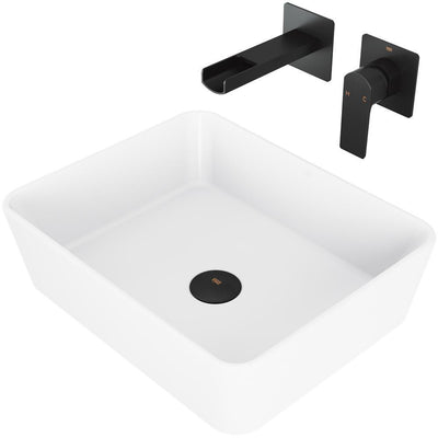 Marigold White Matte Stone Vessel Bathroom Sink Set with Atticus Wall Mount Faucet in Matte Black - Super Arbor