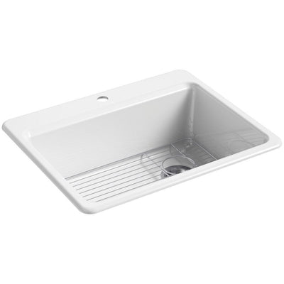 Riverby Drop-In Cast Iron 27 in. 1-Hole Single Bowl Kitchen Sink in White with Stainless Basin Rack - Super Arbor