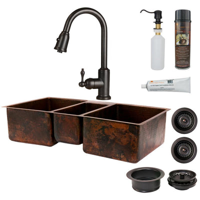 All-in-One Undermount Hammered Copper 42 in. 0-Hole Triple Bowl Kitchen Sink in Oil Rubbed Bronze - Super Arbor