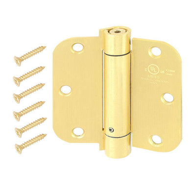 3-1/2 in. Satin Brass 5/8 in. Radius Adjustable Spring Door Hinge - Super Arbor