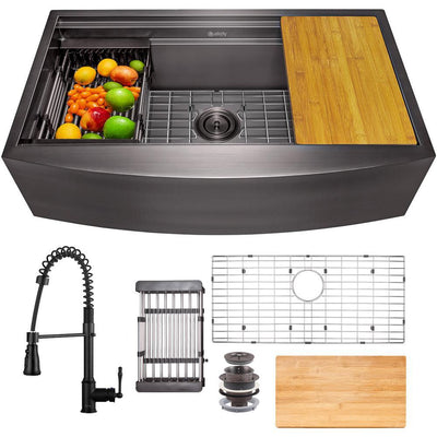 All-in-One Matte Black Finished Stainless Steel 33 in. x 20 in. Farmhouse Apron Mount Kitchen Sink with Faucet - Super Arbor