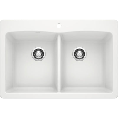 DIAMOND Dual Mount Granite Composite 33 in. 1-Hole 50/50 Double Bowl Kitchen Sink in White - Super Arbor