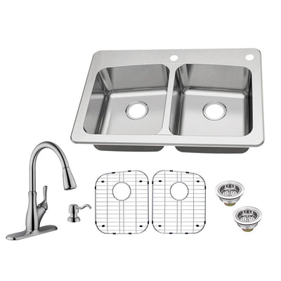 All-in-One Dual Mount 18-Gauge Stainless Steel 33 in. 2-Hole 50/50 Double Bowl Kitchen Sink with Pull-Out Kitchen Faucet - Super Arbor