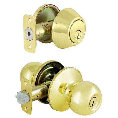 Saturn Polished Brass Entry Knob and Single Cylinder Deadbolt Combo Pack with SC1 Keyway - Super Arbor