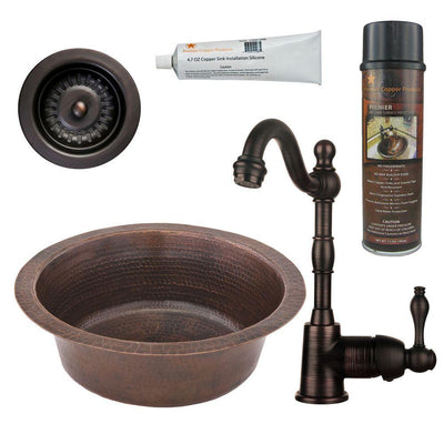 All-in-One Dual Mount Copper 14 in. Round Bar Sink with Faucet and 3.5 in. Strainer Drain in Oil Rubbed Bronze - Super Arbor