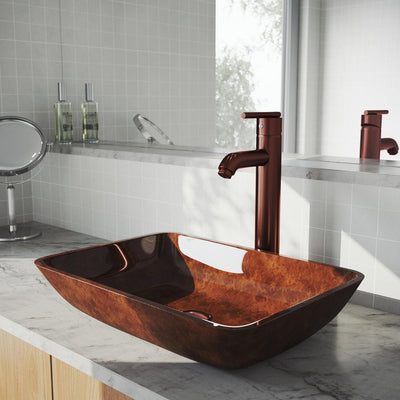 VIGO Russet Glass Vessel Bathroom Sink in Red with Seville Faucet in Oil Rubbed Bronze - Super Arbor