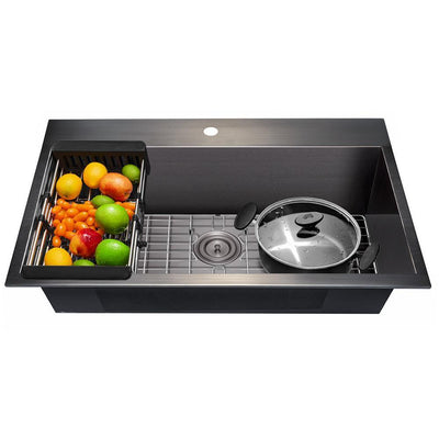 Matte Black Finish Stainless Steel 33 in. x 22 in. Single Bowl Drop-in Kitchen Sink with Accessories - Super Arbor