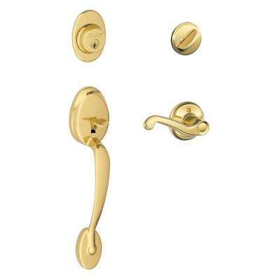 Schlage 
    Plymouth Bright Brass Single Cylinder Deadbolt with Flair Knob Door Handleset - Super Arbor