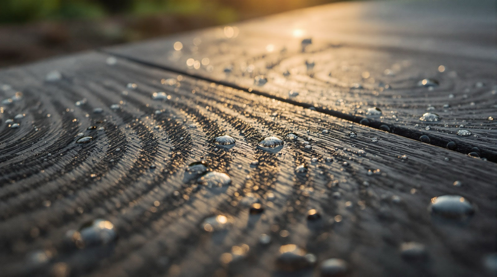 Macro detail of a composite deck board surface with water beading on the grain