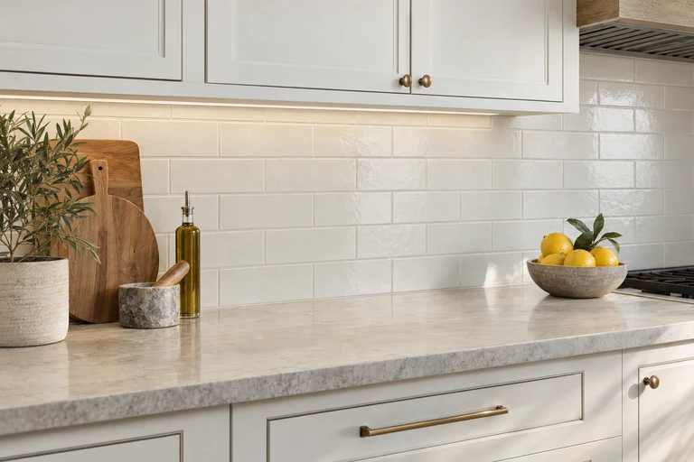White subway tile backsplash above a pale kitchen counter