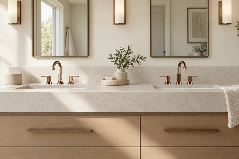 Two bronze widespread faucets above a pale double vanity