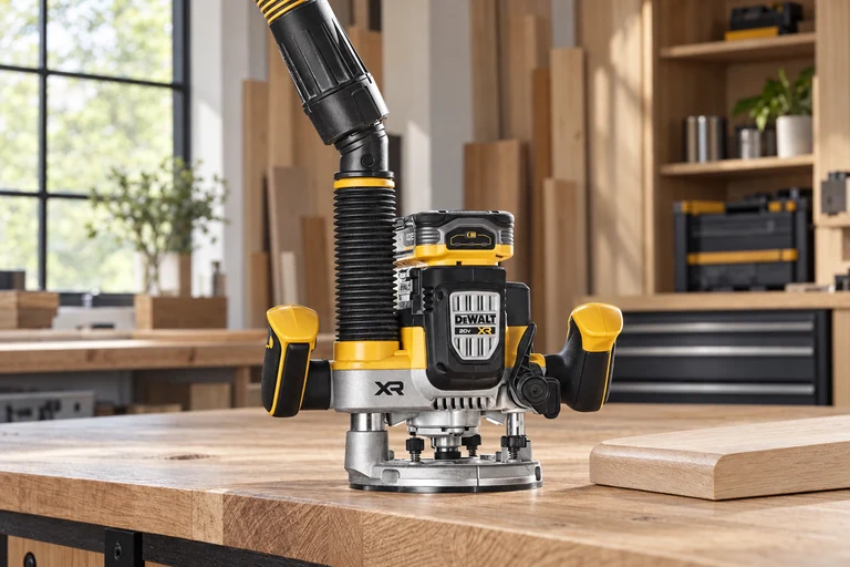 A yellow DEWALT router on a wooden workshop bench