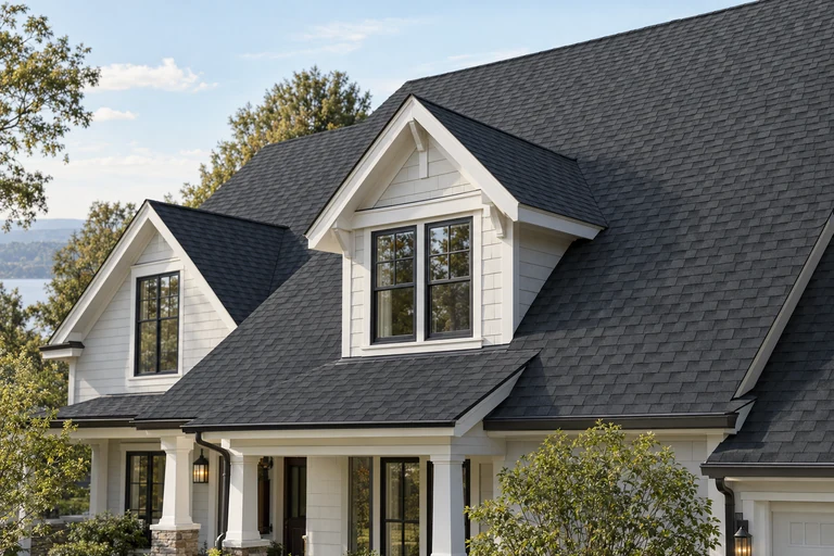 Charcoal architectural shingles on the gables of a white American house
