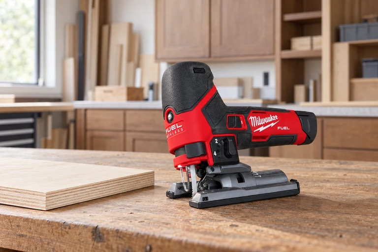 A red Milwaukee jigsaw beside plywood on a workshop bench